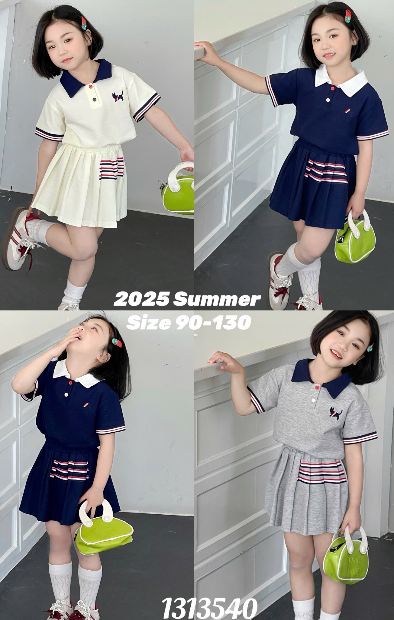 13135 - Set QC áo polo thêu ngực mèo + chân váy xếp ly nhiều màu bé gái size 90-130