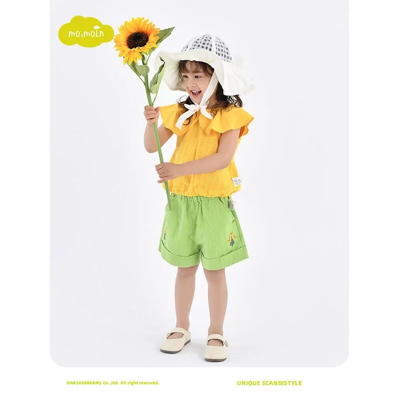 Quần short Moimoln xuất Hàn dư xịn màu xanh lá thêu hoa bé gái size 90-110