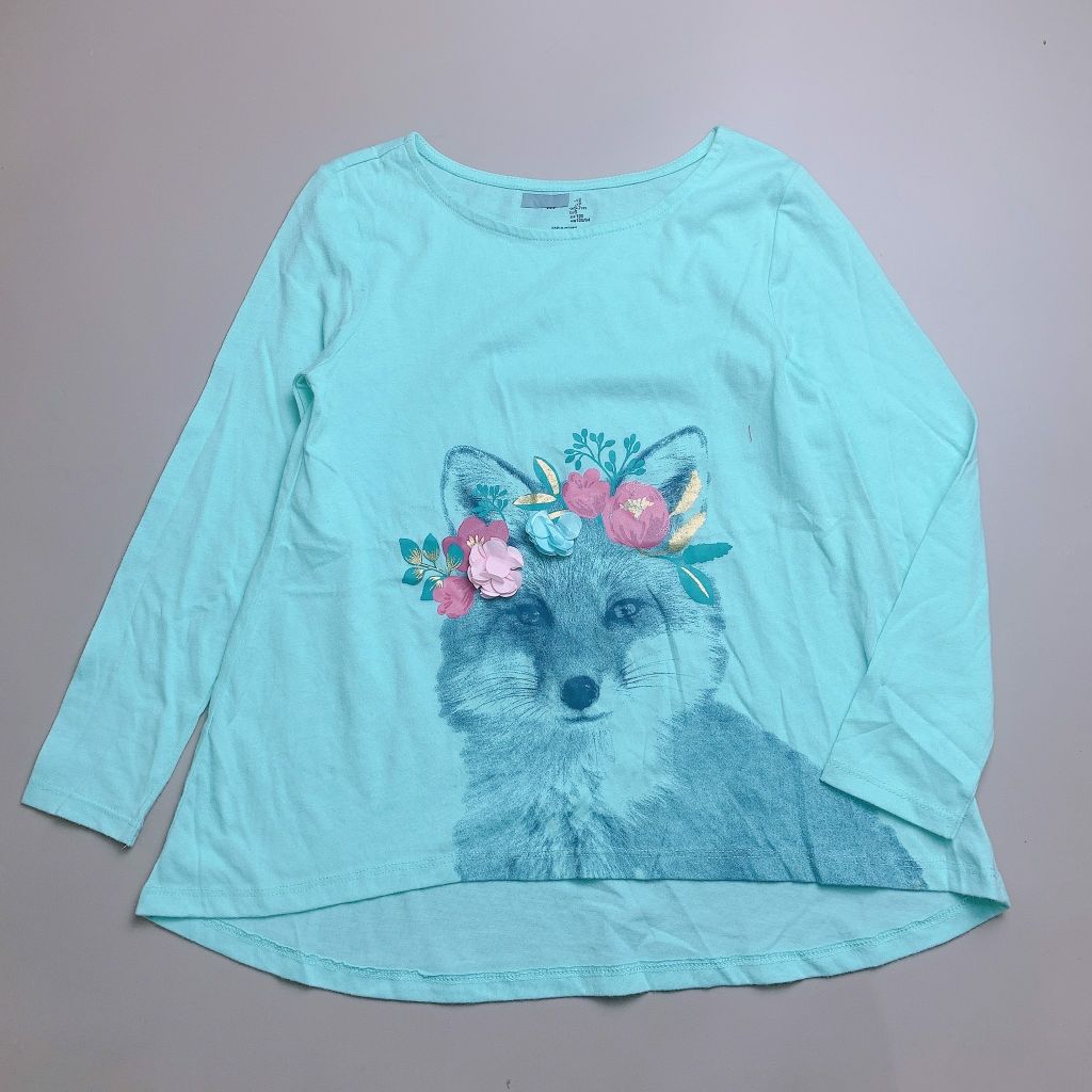 Áo cotton dài tay Gapkid - màu xanh hình cáo đeo hoa hồng