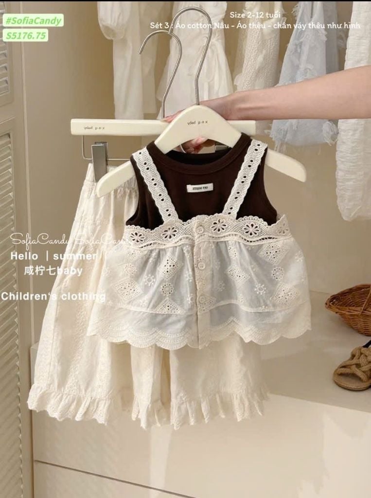 S5176 - Set 3ct Sofia Candy áo thun tăm nâu + Áo ren 2 dây + quần thô ren bé gái size 2-12y