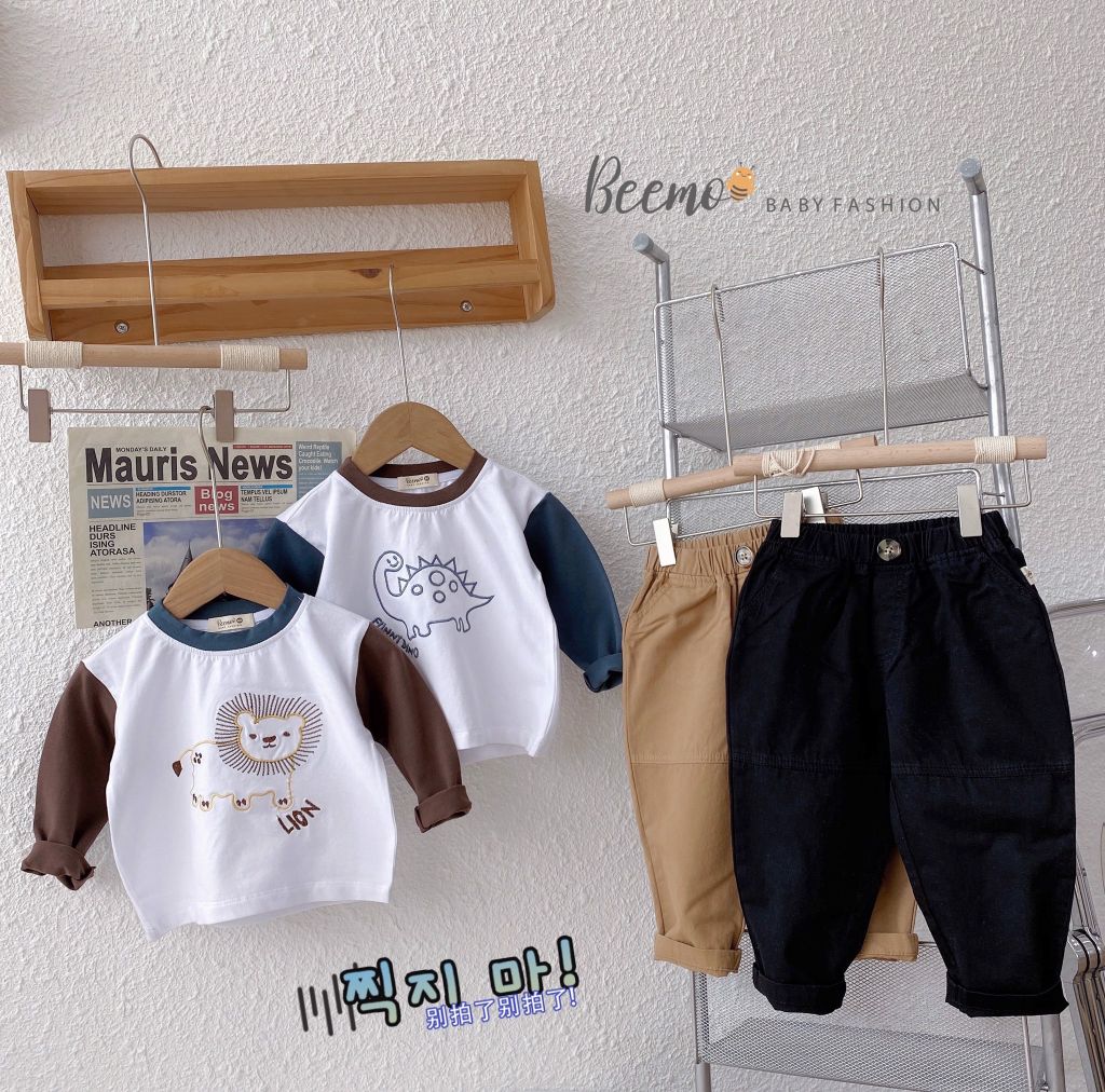 Bộ Beemo áo cotton sư tử / khủng long - quần kaki 2 màu BT 80 - 130