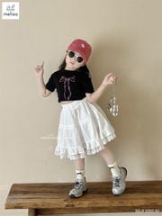 Set bộ Melisa áo croptop đen nơ + chân váy trắng chân ren BG size 2-12y