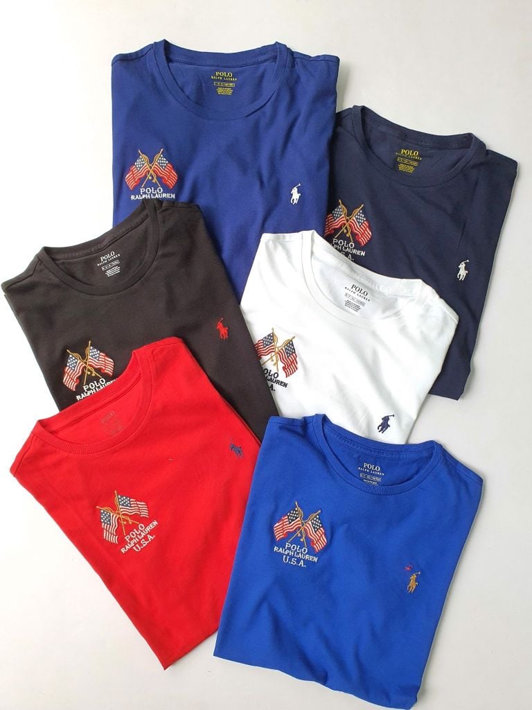 Áo cotton cổ tròn Polo thêu cờ nhiều màu (Bố)