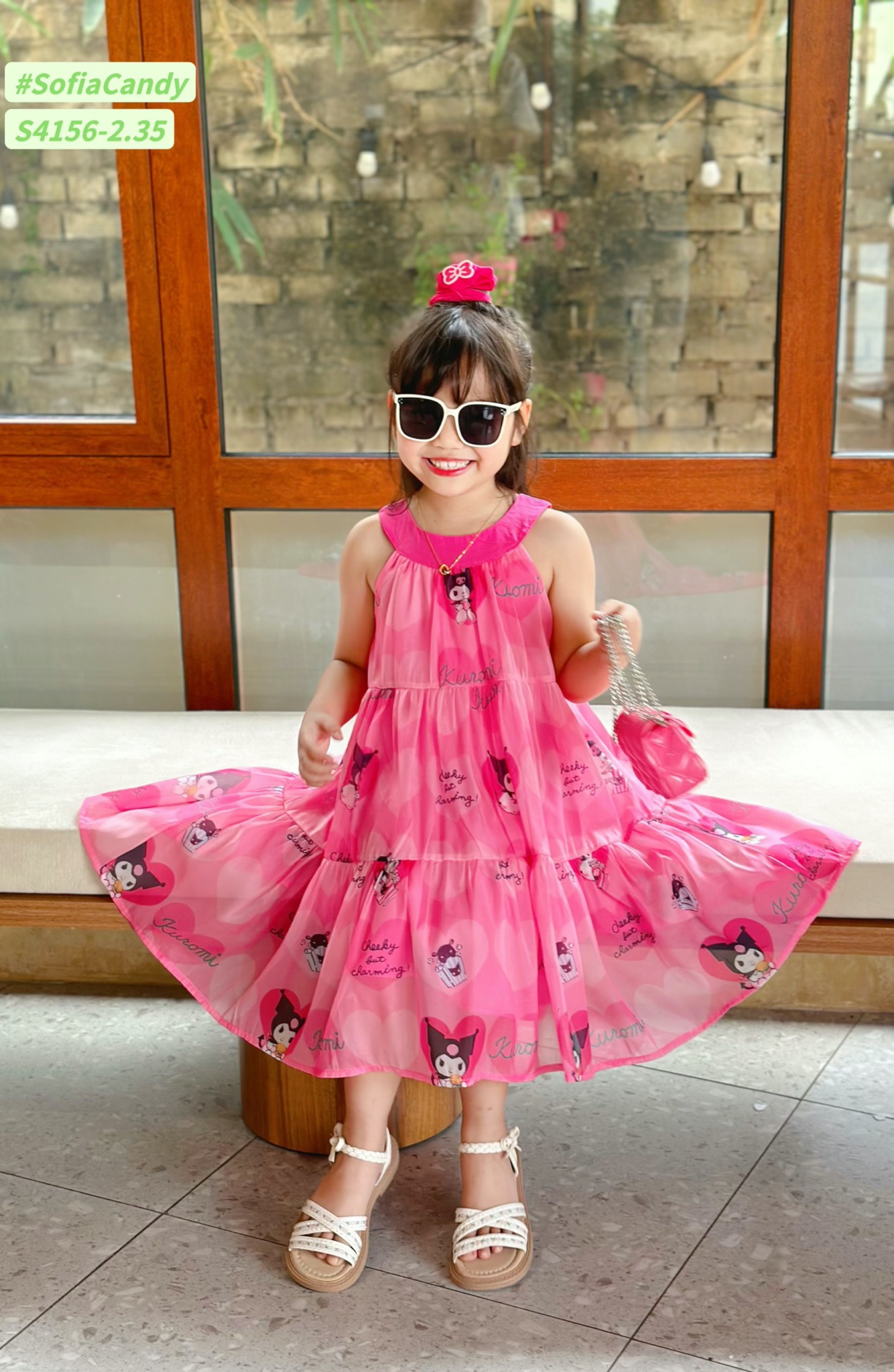 S4156 - Váy Sofia Candy vải tơ kuromi 2 màu hồng/tím in tràn cổ yếm size 1-10y