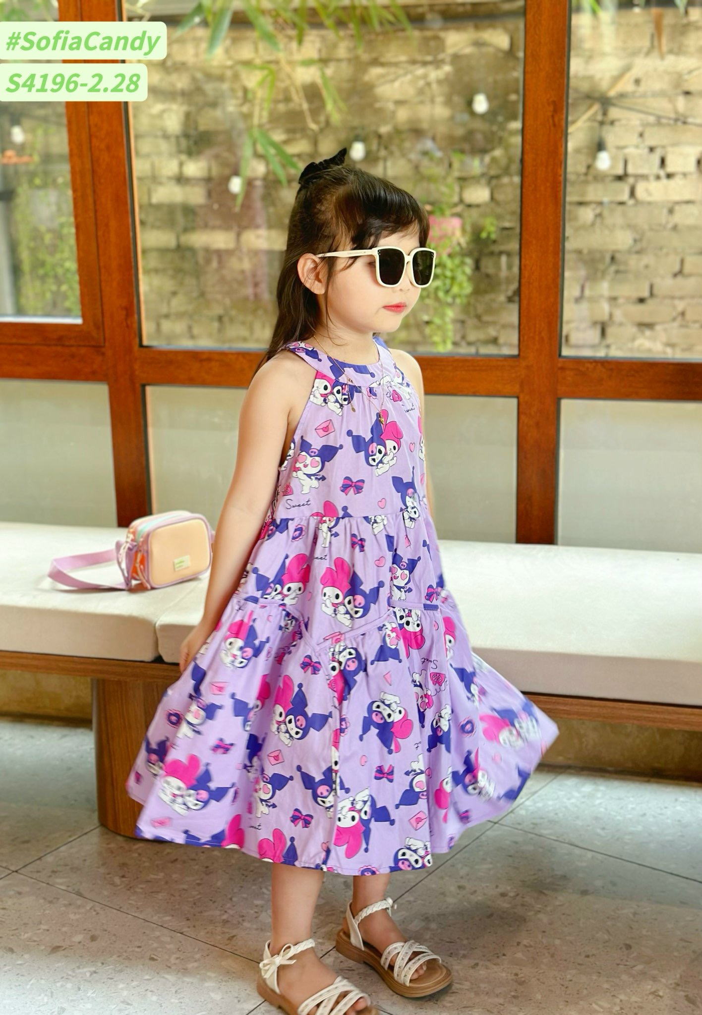 S4196 - Váy Kuromi Sofia Candy màu tím in tràn phối cổ yếm BG size 1-10y