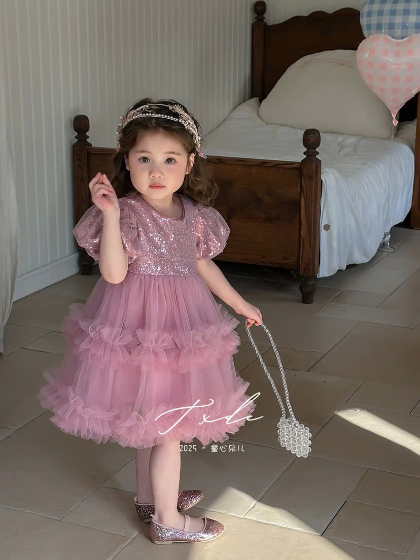 Váy công chúa QC đính kim sa tay bồng hồng/xanh bé gái size 90-130
