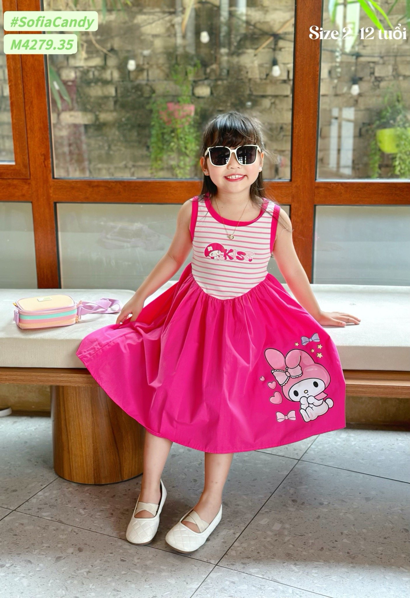 M4279 - Váy cotton Mia Kids kẻ thỏ hồng Melody size 2-12y