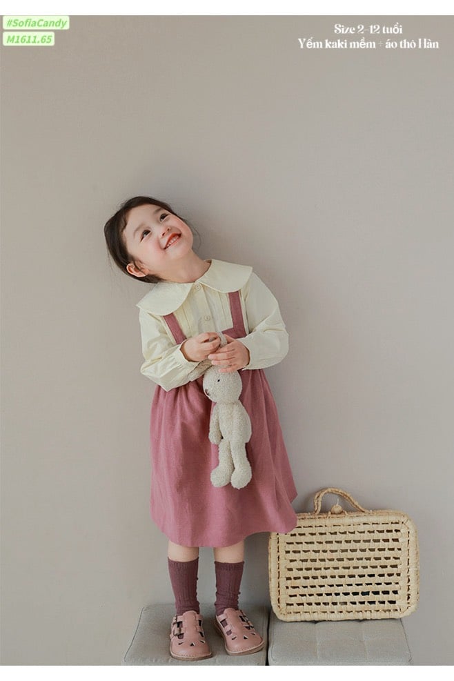 Set Sofia Candy áo sơ mi vàng kem - váy yếm hồng vỏ đỗ size 2 - 12y
