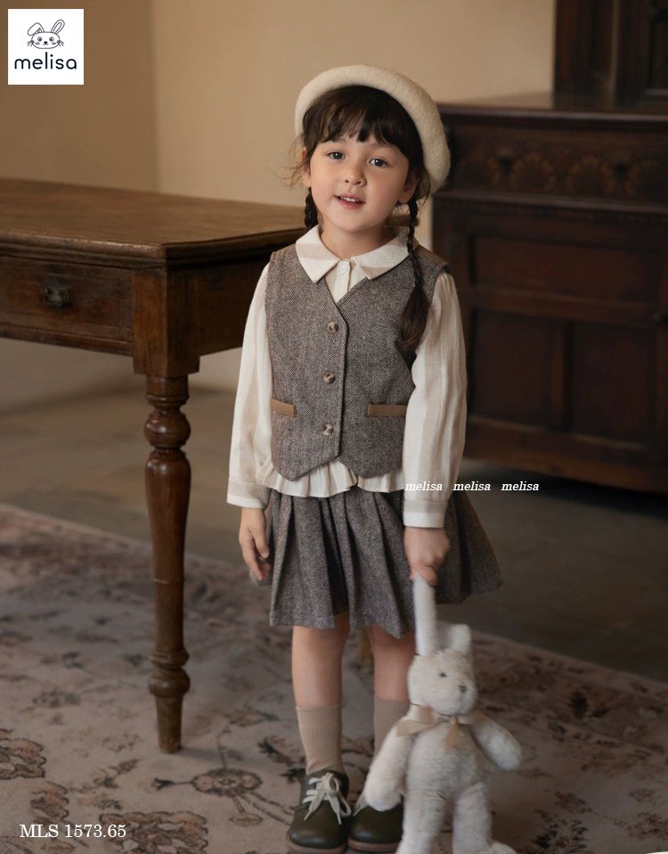 Set dạ Melisa 2 chi tiết màu ghi áo gile + chân váy xếp li size 2 - 12y (ko kèm sơ mi)