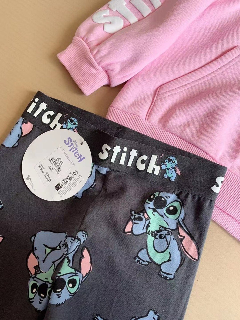 Bộ Primark áo nỉ bông hoodie hồng Stitch + quần legging cotton size 7 - 15y