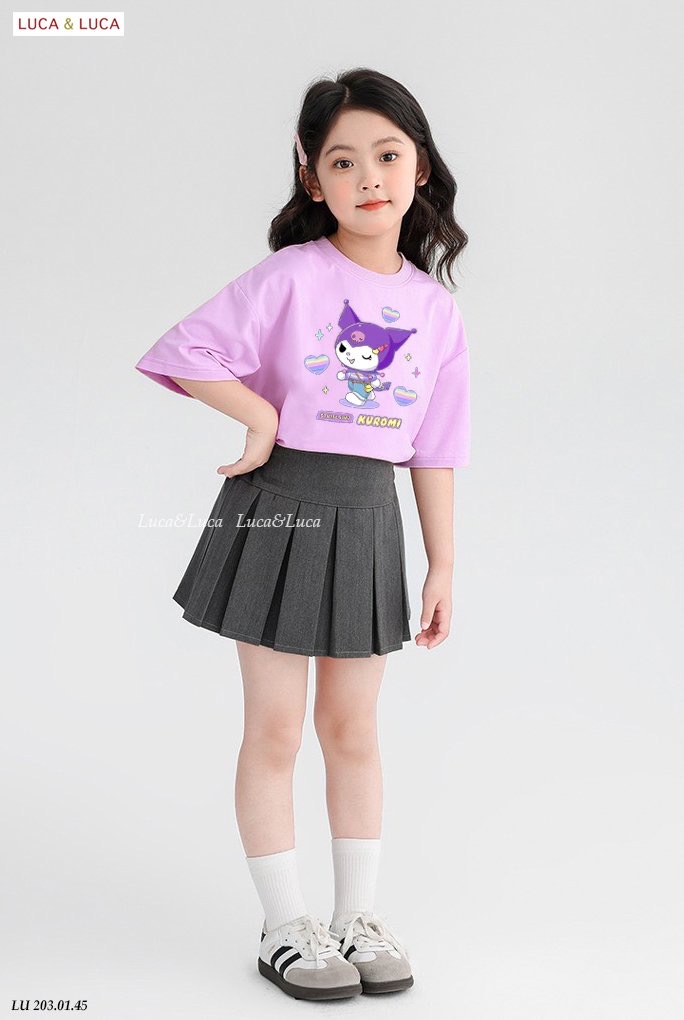 Set Luca áo cotton + chân váy xếp ly Kuromi 2 màu Tím/hồng size 2-12y