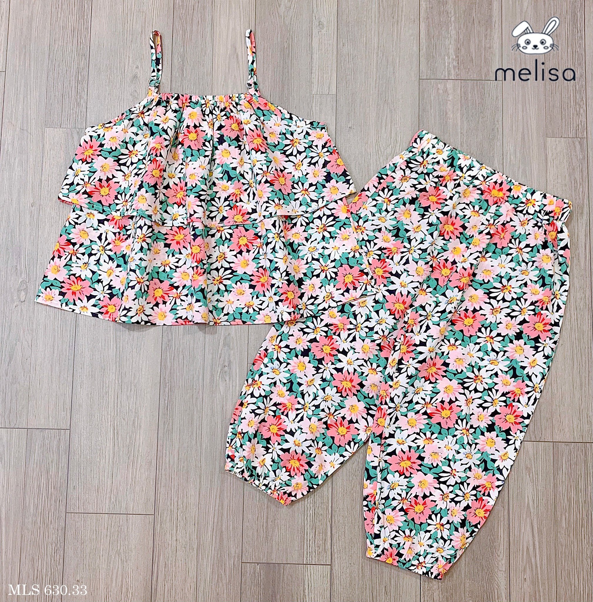 Bộ thô lanh Melisa áo 2 dây xếp bèo - quần boom 2 màu hoa size 2 - 11y