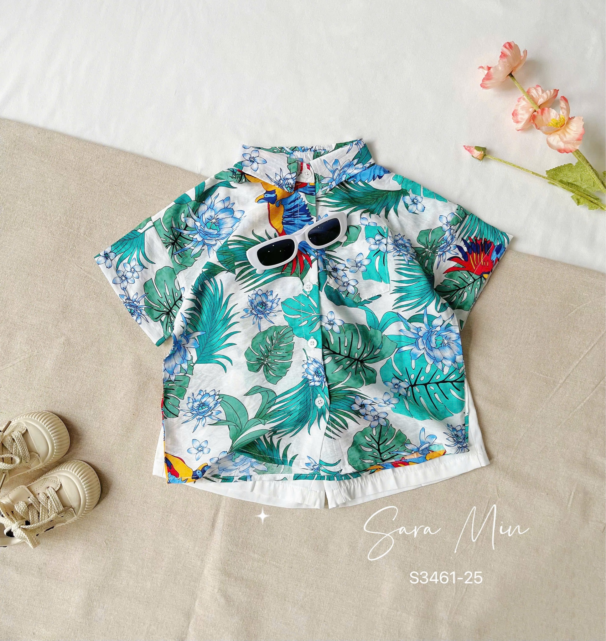 S3461 - Set bộ Sara Min áo đũi xanh hoa lá + quần kaki trắng bé trai size 2-12y