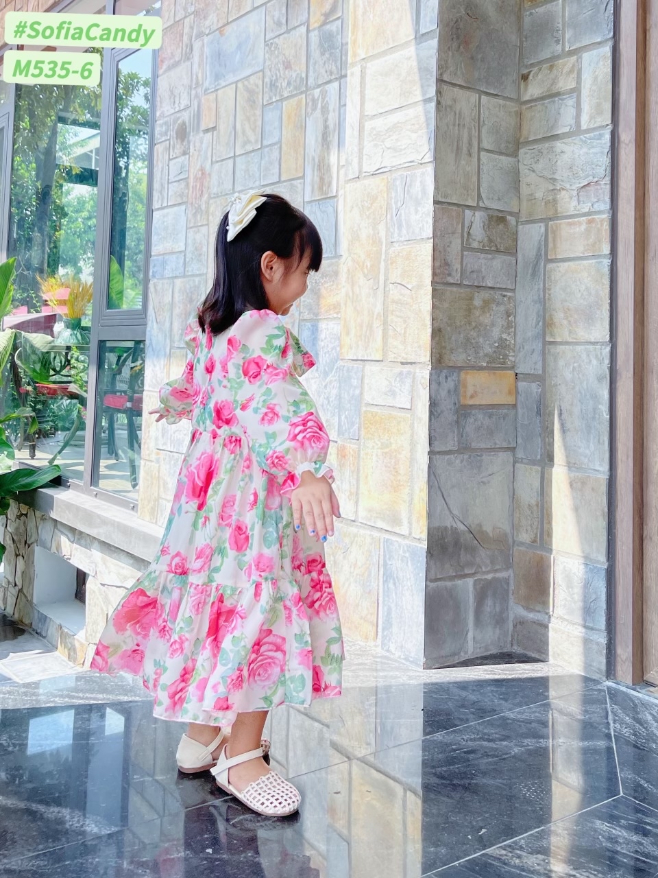 Váy voan tơ dài tay buộc nơ cổ 10 màu hoa