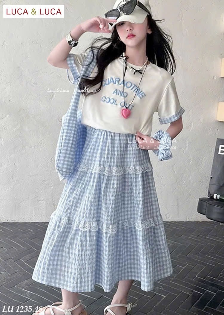 LU 1235 - Bộ Luca áo trắng + chân váy kẻ caro xanh bé gái size 2-12y