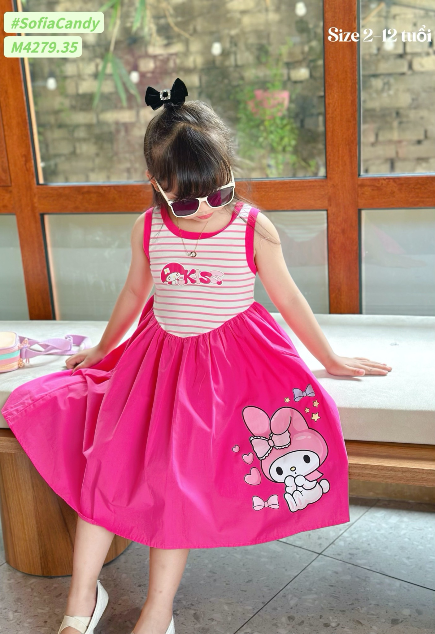 M4279 - Váy cotton Mia Kids kẻ thỏ hồng Melody size 2-12y