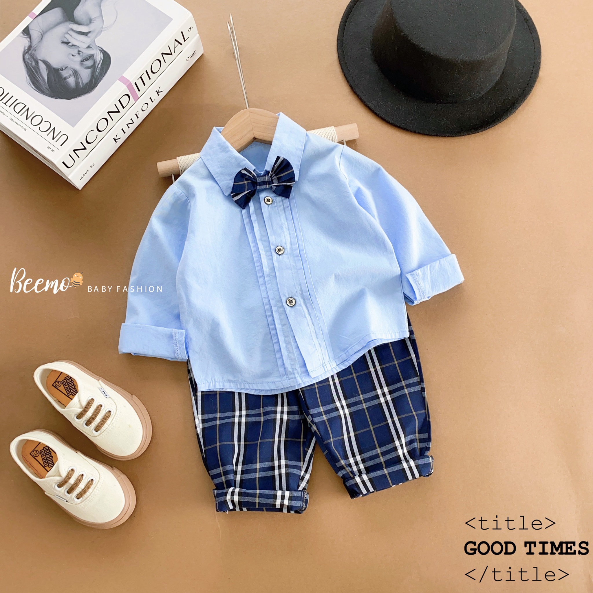 Set bộ Beemo sơ mi kèm nơ + quần kẻ BBR 2 màu size 80 - 130