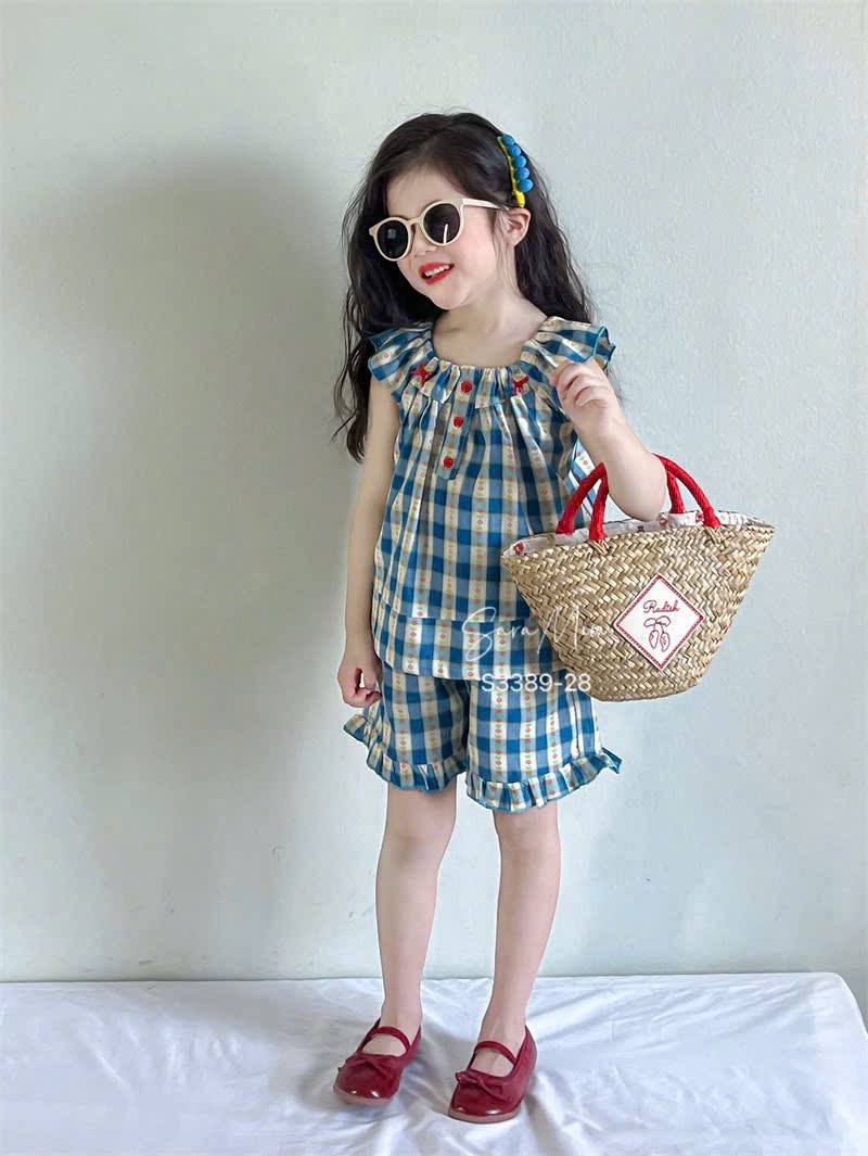 S3389 - Bộ Sara Min màu xanh kẻ caro in hoa bé gái size 2-12y
