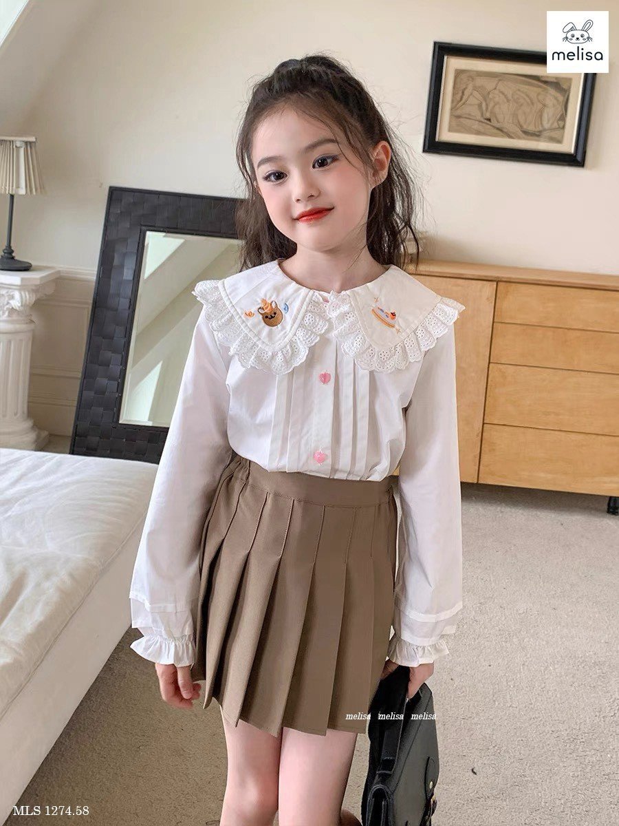 Set Melisa áo sơ mi trắng thêu cổ - chân váy xếp li liền quần nâu size 2 - 12y
