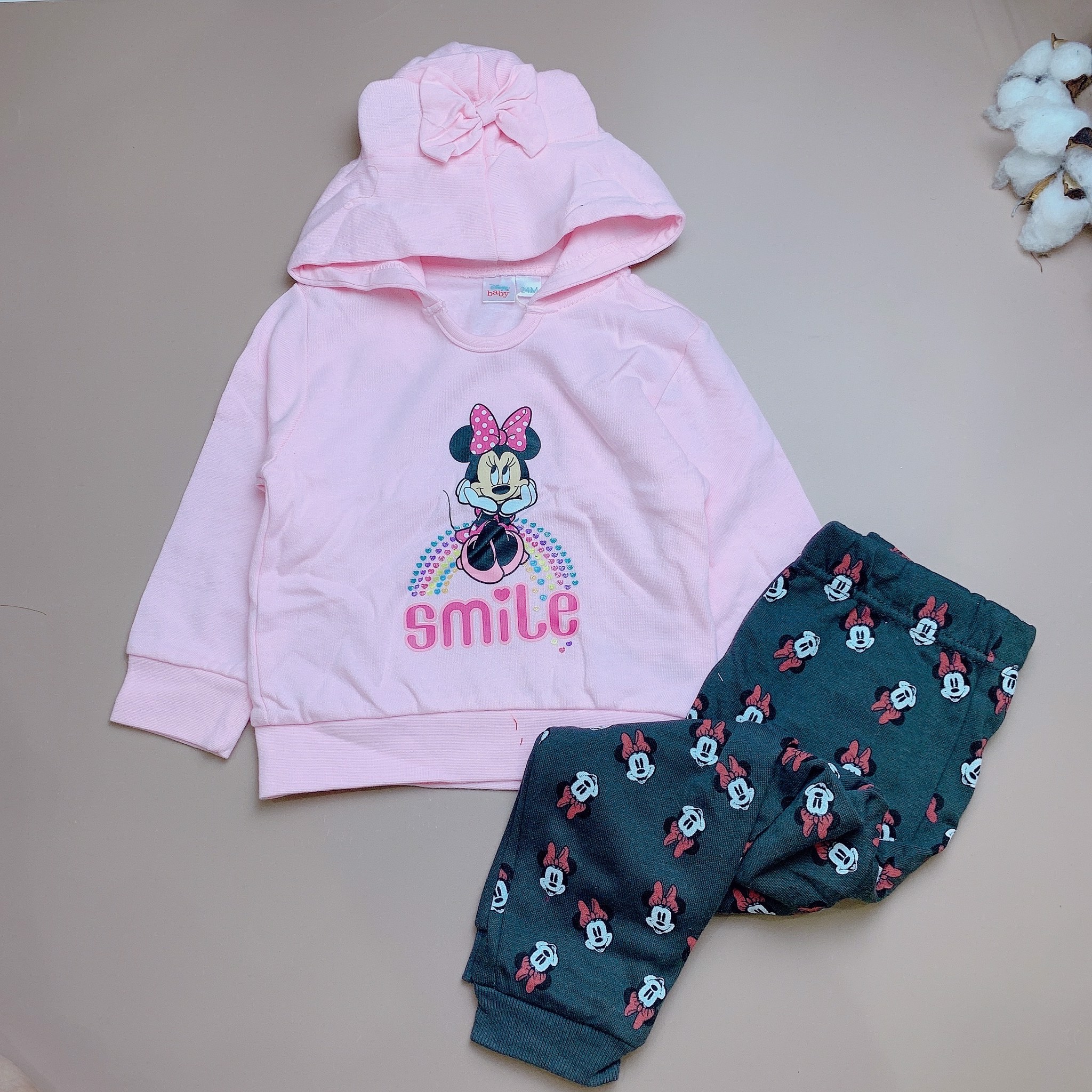 Bộ nỉ bông hoodie BG - Hồng Minnie quần ghi hình