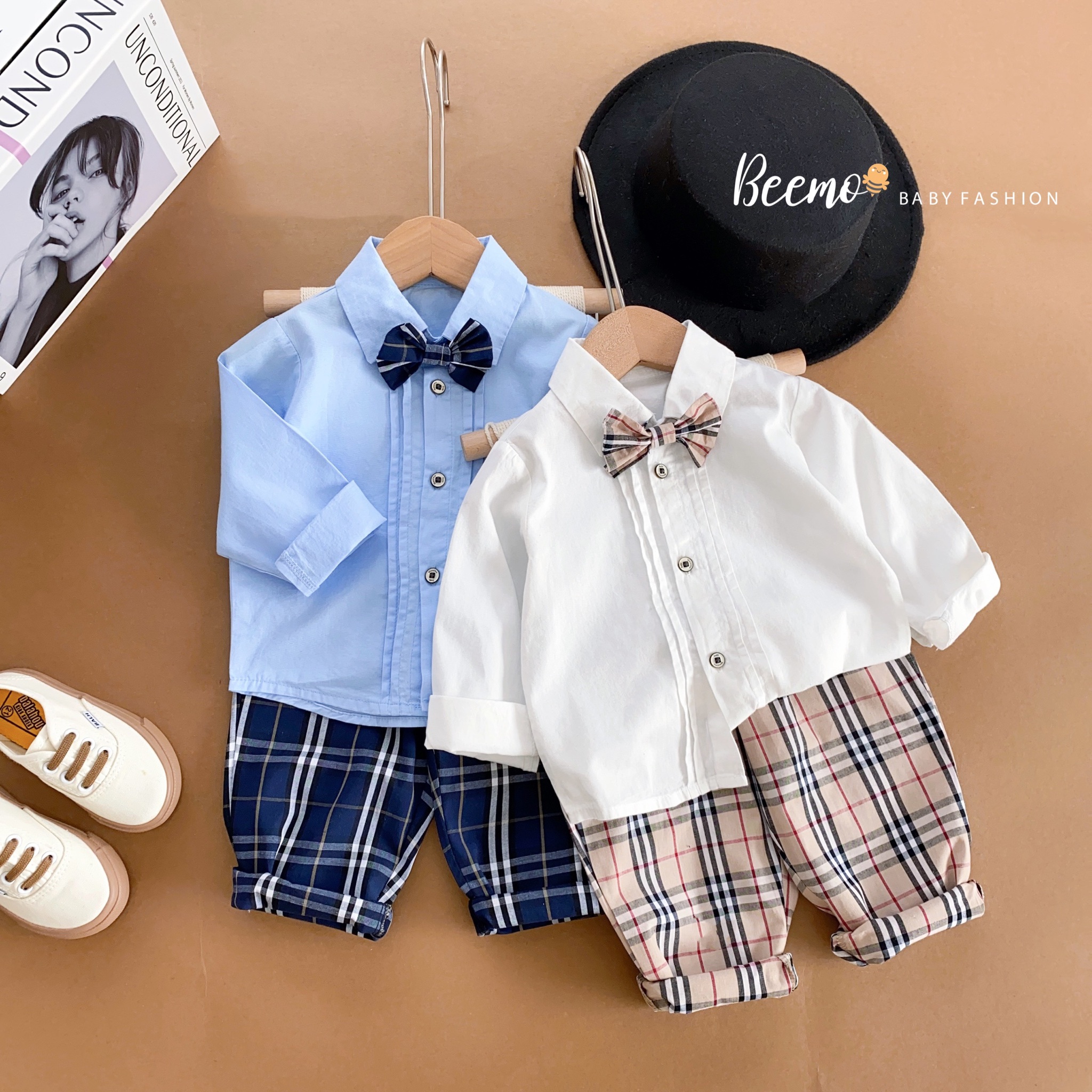 Set bộ Beemo sơ mi kèm nơ + quần kẻ BBR 2 màu size 80 - 130