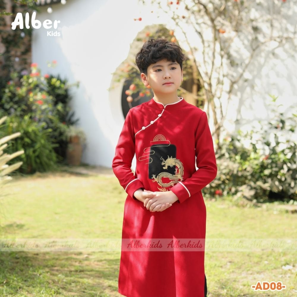 Áo dài nhung Alberkids thêu rồng 2 màu xanh / đỏ size 110 - 160