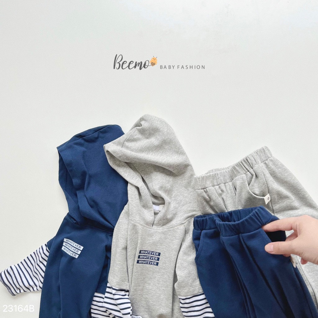 Bộ cotton Beemo áo có mũ phối tay kẻ Whatever 2 màu size 80 - 130