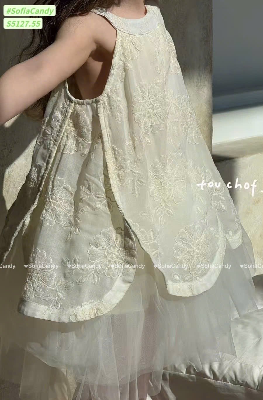 S5127 - Váy Sofia Candy công chúa màu kem thêu hoa phối chân ren mềm size 1-10y