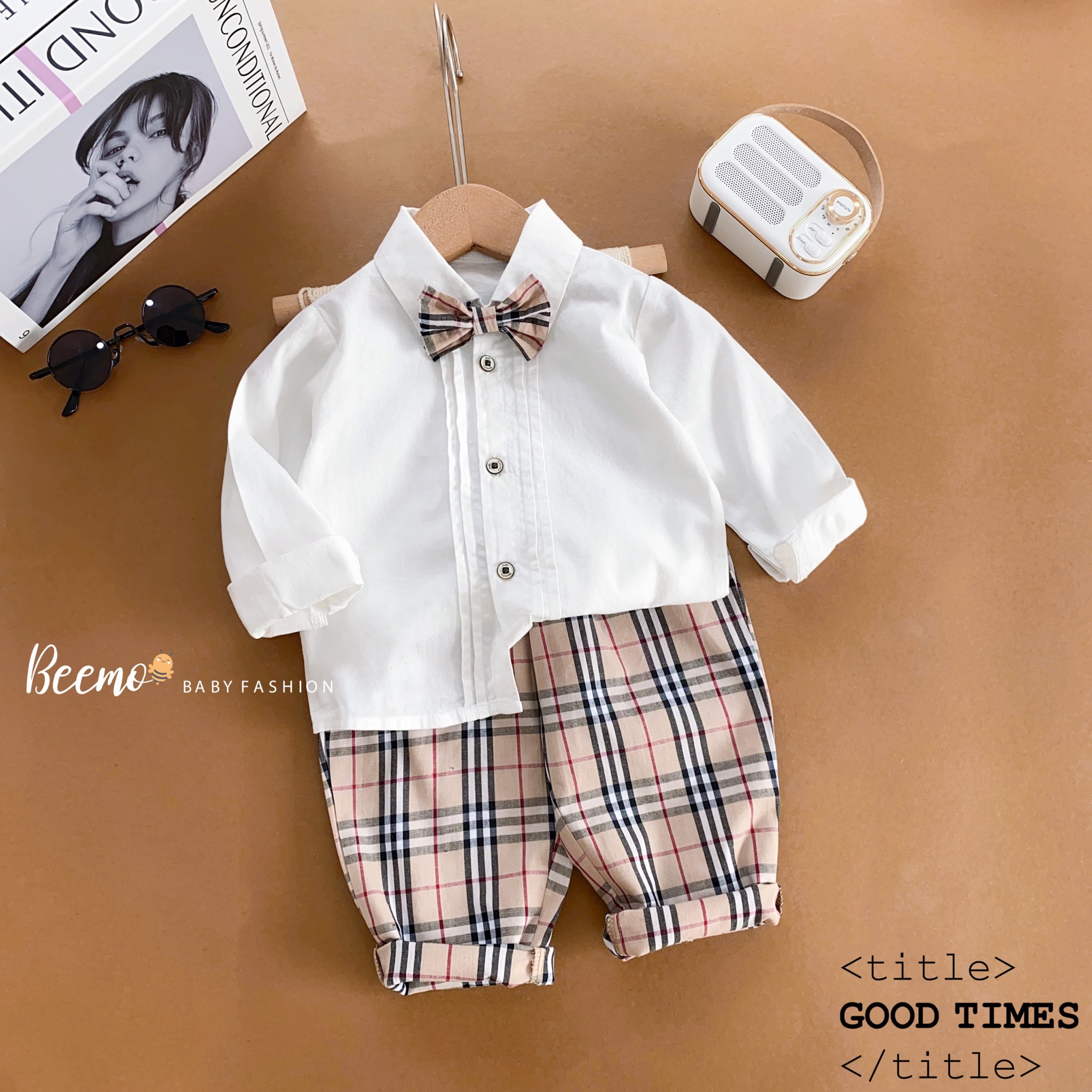 Set bộ Beemo sơ mi kèm nơ + quần kẻ BBR 2 màu size 80 - 130