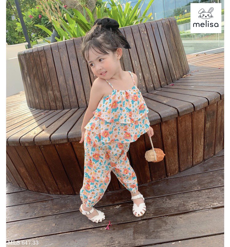 Bộ thô lanh Melisa áo 2 dây xếp bèo - quần boom 2 màu hoa size 2 - 11y