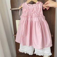 S3404 - Bộ Sara min áo hồng + quần trắng chân ren bé gái size 2-12y