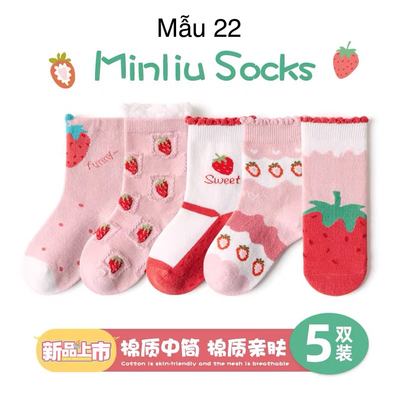 Set 5 tất Minliu Kids Socks nhiều hình Bé Gái size 2 - 12y