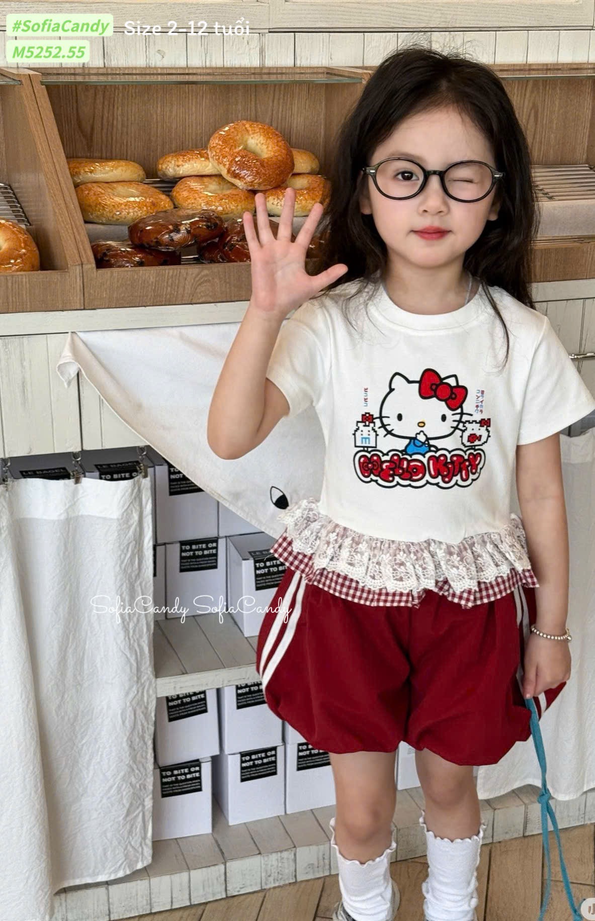 M5252 - Set bộ Mia Kids hello kitty áo trắng + quần váy đỏ bé gái size 2-12y