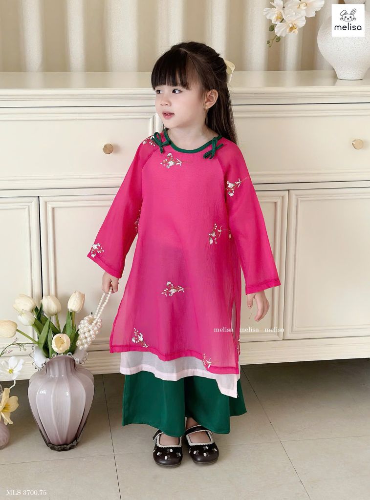 MLS 3700 - Áo dài Melisa hồng thêu hoa phối nơ xanh bé gái size 2-12y