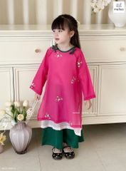 MLS 3700 - Áo dài Melisa hồng thêu hoa phối nơ xanh bé gái size 2-12y