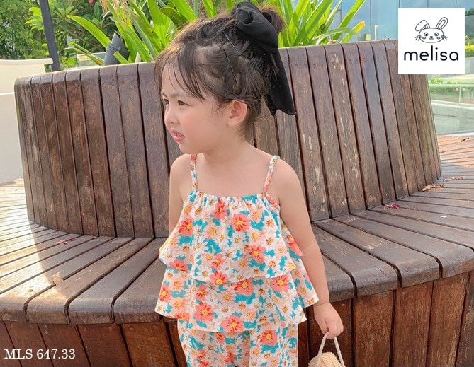 Bộ thô lanh Melisa áo 2 dây xếp bèo - quần boom 2 màu hoa size 2 - 11y