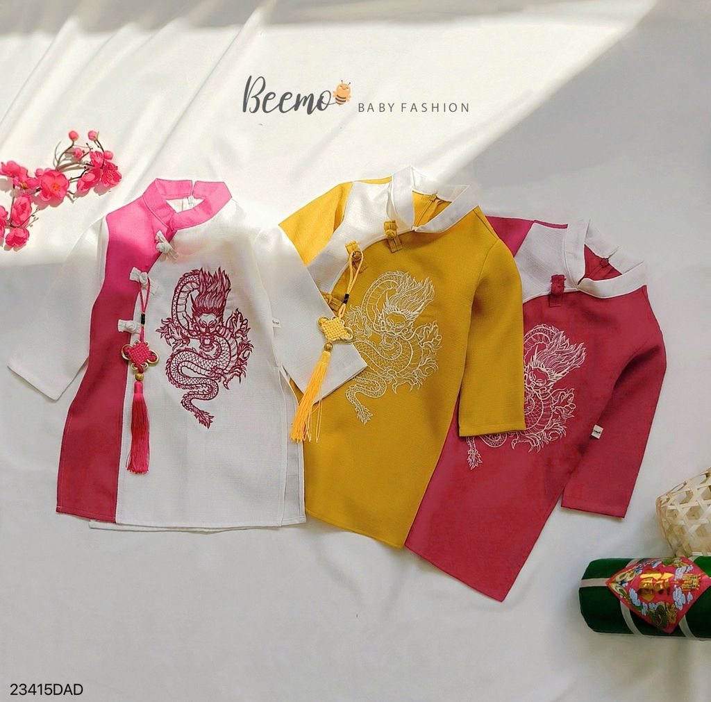 Áo dài Beemo cổ tàu thêu rồng phối khánh 3 màu BT size 80-130