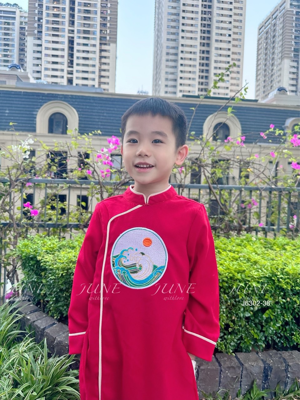 Áo dài nhung June thêu ngực 3 màu Bé Trai size 1 - 10y