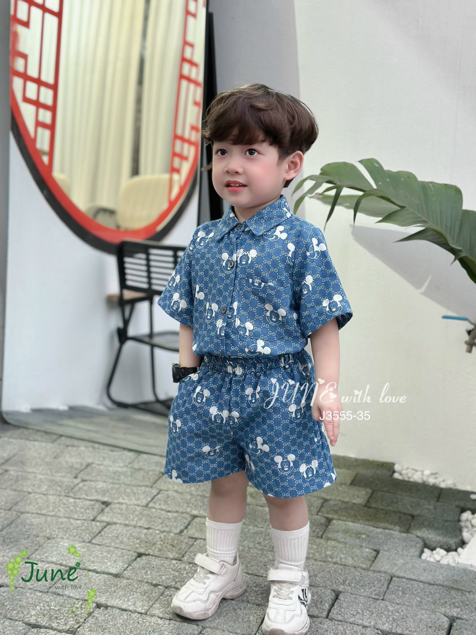 Bộ thô June with love áo sơ mi màu xanh jean mickey BT size 1-10y