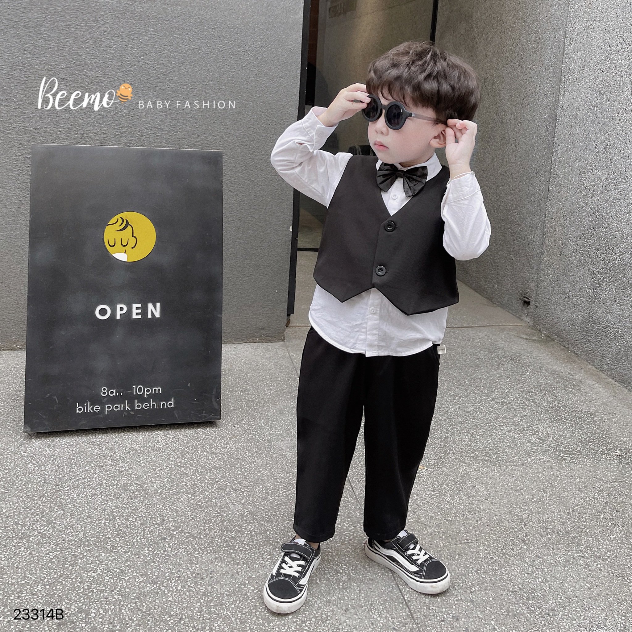 Set 5 chi tiết Beemo áo Vest kẻ đen + Gile đen + áo sơ mi + quần + nơ size 80 - 130