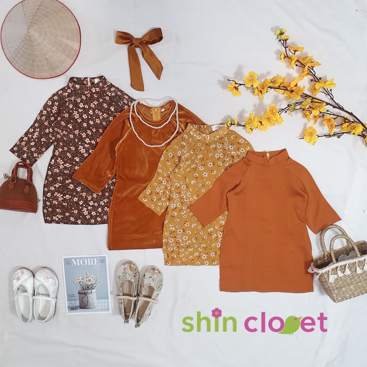 [1-5y] Áo dài Shin Closet bé gái - lụa trơn cam