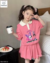 Bộ Melisa Kuromi áo Polo hồng cam cổ trắng + chân váy BG size 2-12y