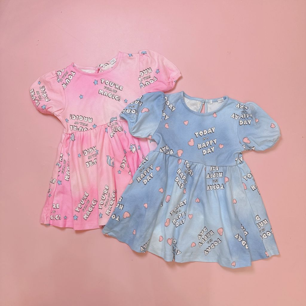 Váy cotton GGJJ dư xịn dáng baby doll 2 màu xanh/hồng bé gái size 2-8y