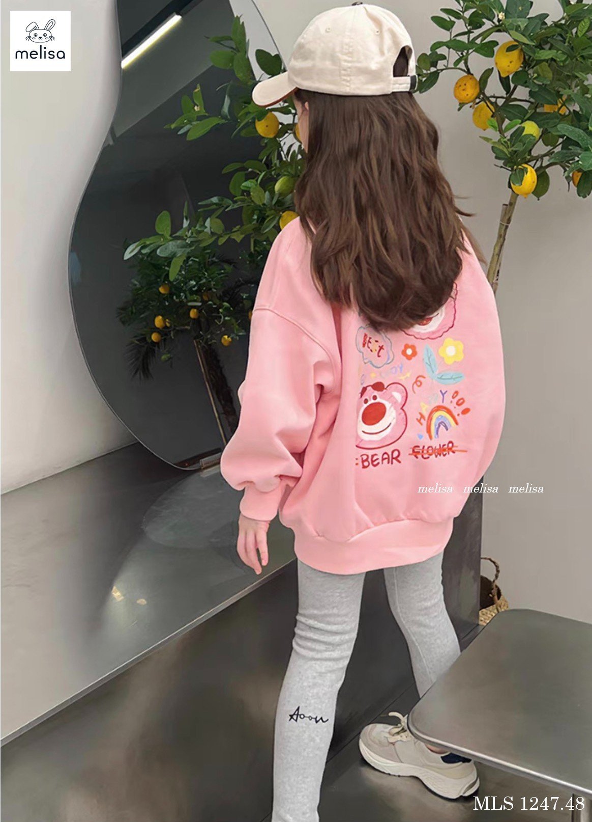 Bộ Melisa áo váy hồng in hình gấu dâu - quần legging cotton màu ghi size 2 - 12y
