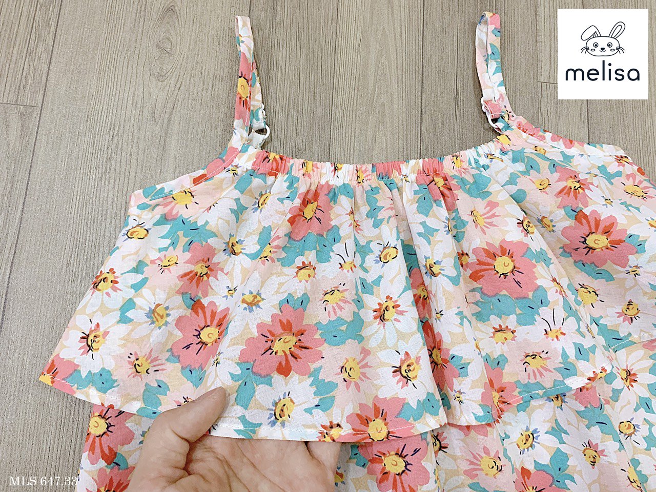 Bộ thô lanh Melisa áo 2 dây xếp bèo - quần boom 2 màu hoa size 2 - 11y