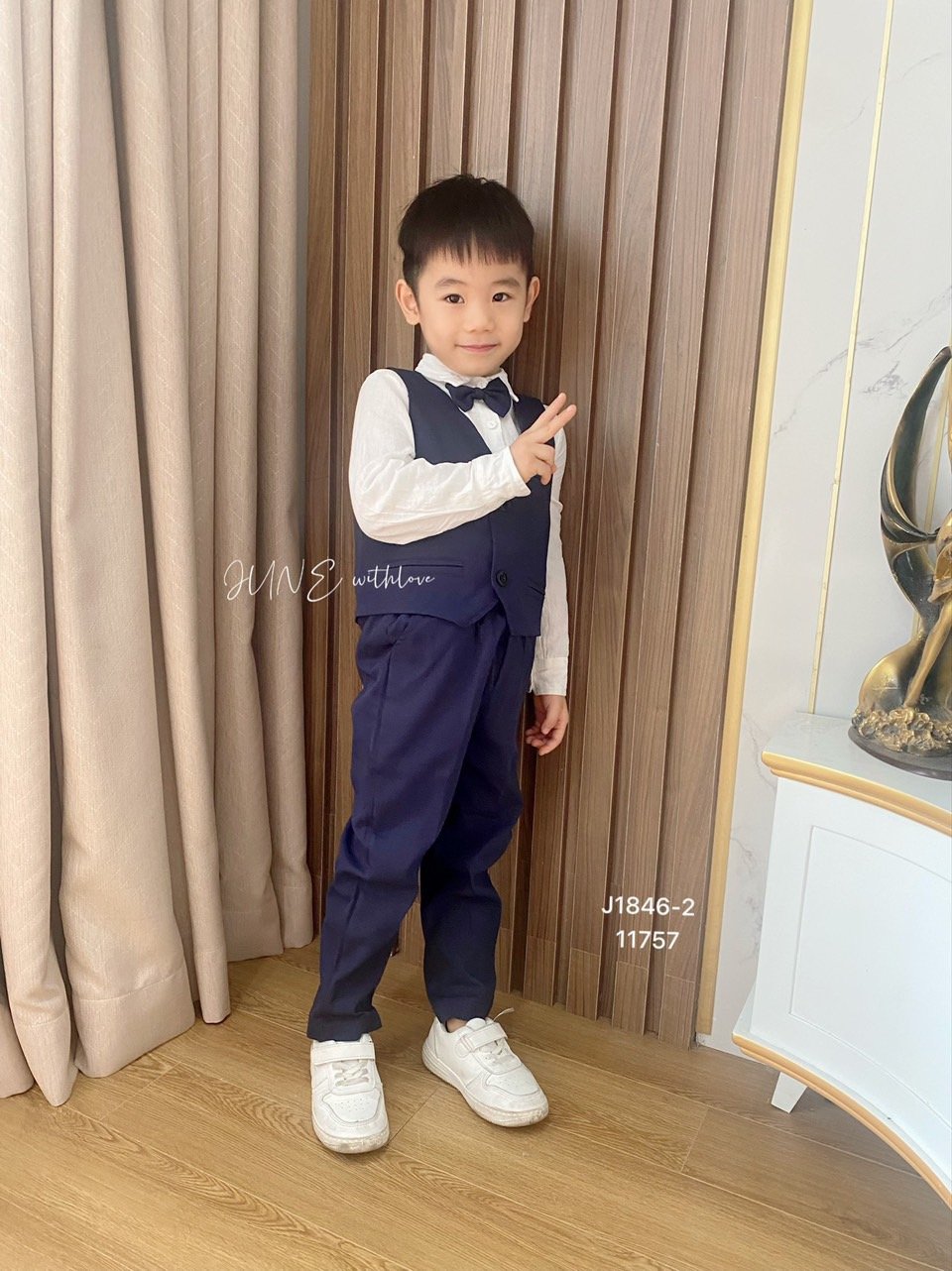 Set 4ct sơ mi + nơ + gile + quần June 3 màu 1-7y BT