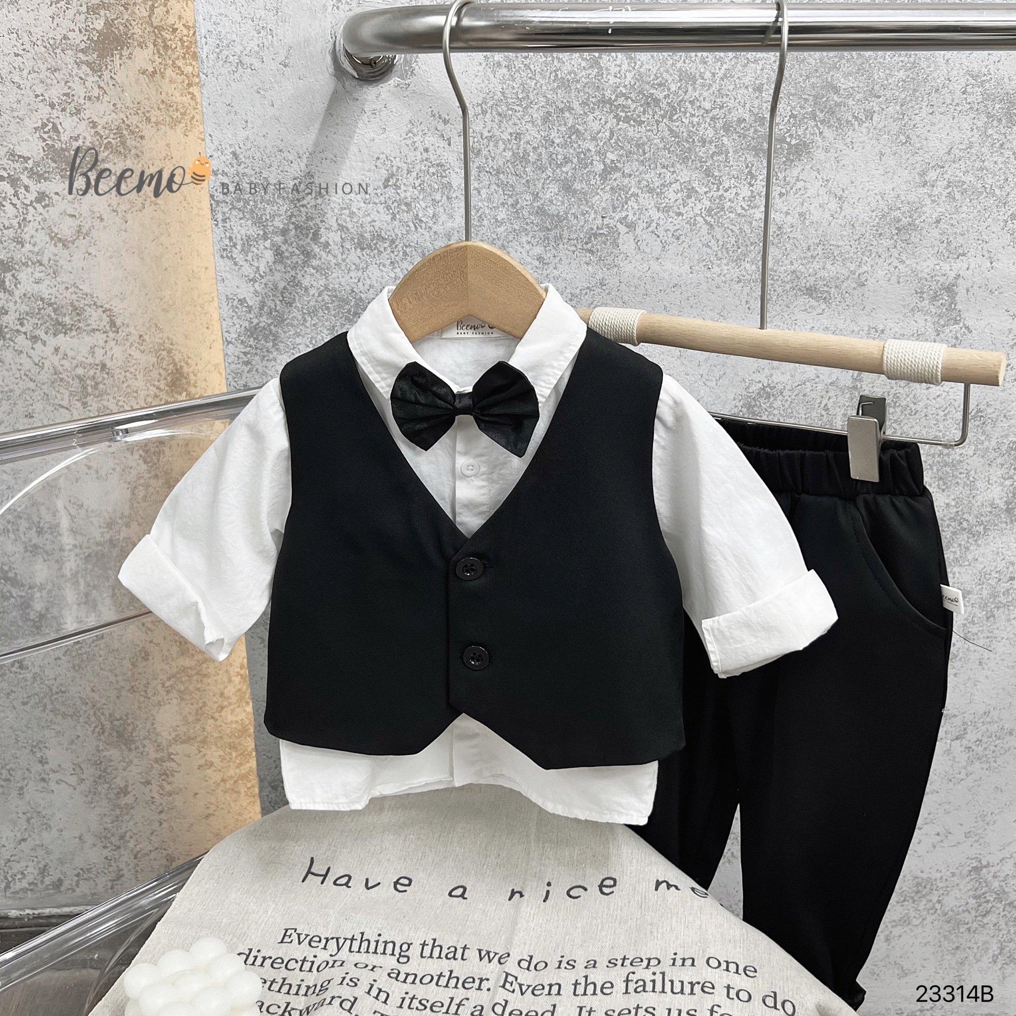 Set 5 chi tiết Beemo áo Vest kẻ đen + Gile đen + áo sơ mi + quần + nơ size 80 - 130