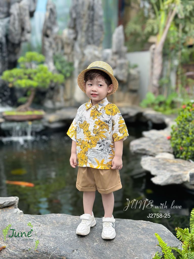 Bộ June With Love thô đũi áo họa tiết cây dừa vàng BT size 1-10y