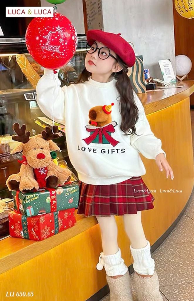 LU 650 - Set Luca & Luca áo da cá trắng Capybara Love Gifts - chân váy dạ kẻ đỏ size 2 - 12y