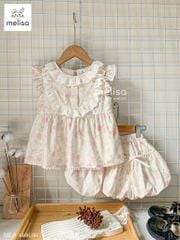 MLS 4466 - Bộ Melisa hoa nhí hồng viền ren + chân váy bí bé gái size 2-11y